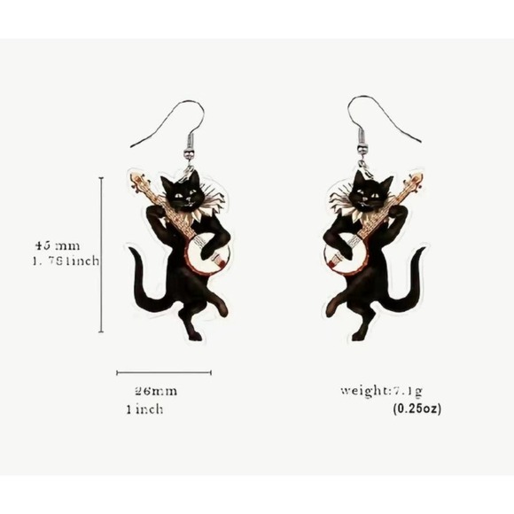 Banjo Cat Lucite Earrings Vintage Music Lover Gift Novelty Dangle Jewelry - Picture 2 of 5